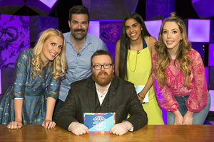 Frankie Boyle's New World Order. Image shows from L to R: Sara Pascoe, Rob Delaney, Frankie Boyle, Mona Chalabi, Katherine Ryan. Copyright: Zeppotron