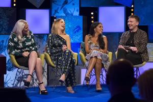 Frankie Boyle's New World Order. Image shows from L to R: Sara Pascoe, Katherine Ryan, Mona Chalabi, Joe Lycett. Copyright: Zeppotron