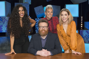 Frankie Boyle's New World Order. Image shows from L to R: Mona Chalabi, Frankie Boyle, Sara Pascoe, Katherine Ryan. Copyright: Zeppotron