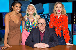 Frankie Boyle's New World Order. Image shows from L to R: Mona Chalabi, Sara Pascoe, Frankie Boyle, Katherine Ryan. Copyright: Zeppotron