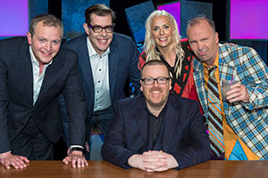 Frankie Boyle's New World Order. Image shows from L to R: Miles Jupp, Richard Osman, Frankie Boyle, Sara Pascoe, Doug Stanhope. Copyright: Zeppotron