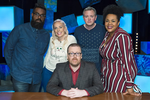 Frankie Boyle's New World Order. Image shows from L to R: Romesh Ranganathan, Sara Pascoe, Frankie Boyle, Miles Jupp, Desiree Burch. Copyright: Zeppotron