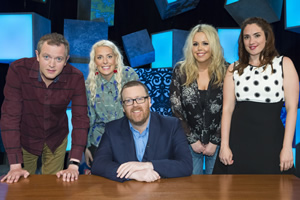 Frankie Boyle's New World Order. Image shows from L to R: Miles Jupp, Sara Pascoe, Frankie Boyle, Roisin Conaty, Lucy Prebble. Copyright: Zeppotron