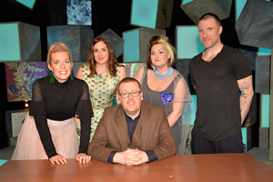 Frankie Boyle's New World Order. Image shows from L to R: Sara Pascoe, Lucy Prebble, Frankie Boyle, Kiri Pritchard-McLean, Jason Williamson. Copyright: Zeppotron