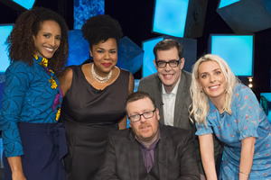 Frankie Boyle's New World Order. Image shows from L to R: Afua Hirsch, Desiree Burch, Frankie Boyle, Richard Osman, Sara Pascoe. Copyright: Zeppotron