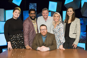 Frankie Boyle's New World Order. Image shows from L to R: Kiri Pritchard-McLean, Eshaan Akbar, Frankie Boyle, Miles Jupp, Sara Pascoe, Grace Blakeley. Copyright: Zeppotron