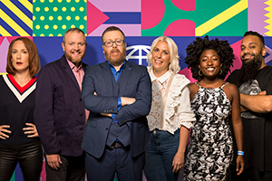 Frankie Boyle's New World Order. Image shows from L to R: Sara Barron, Miles Jupp, Frankie Boyle, Sara Pascoe, Sophie Duker, Guz Khan. Copyright: Zeppotron