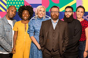 Frankie Boyle's New World Order. Image shows from L to R: Dane Baptiste, Sophie Duker, Sara Pascoe, Frankie Boyle, Jamali Maddix, Jen Brister. Copyright: Zeppotron