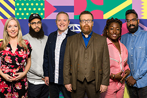 Frankie Boyle's New World Order. Image shows from L to R: Victoria Coren Mitchell, Jamali Maddix, Miles Jupp, Frankie Boyle, Sophie Duker, Romesh Ranganathan. Copyright: Zeppotron