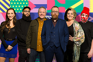 Frankie Boyle's New World Order. Image shows from L to R: Grace Blakeley, Jamali Maddix, Miles Jupp, Frankie Boyle, Kiri Pritchard-McLean, Dave Chambers. Copyright: Zeppotron