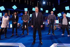 Frankie Boyle's New World Order. Image shows from L to R: Sophie Duker, Ahir Shah, Miles Jupp, Frankie Boyle, Lowkey, Susie McCabe