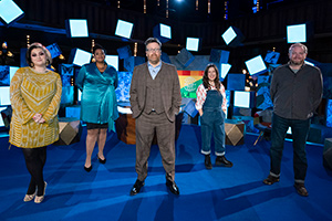 Frankie Boyle's New World Order. Image shows from L to R: Kiri Pritchard-McLean, Desiree Burch, Frankie Boyle, Rosie Jones, Miles Jupp