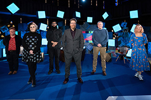 Frankie Boyle's New World Order. Image shows from L to R: Susie McCabe, Kiri Pritchard-McLean, Jamali Maddix, Frankie Boyle, Miles Jupp, Olga Koch