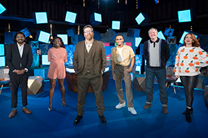 Frankie Boyle's New World Order. Image shows from L to R: Ahir Shah, Sophie Duker, Frankie Boyle, Munya Chawawa, Miles Jupp, Sara Barron