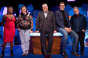 Frankie Boyle's New World Order. Image shows left to right: Sophie Duker, Josie Long, Frankie Boyle, Richard Osman, Susie McCabe