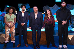 Frankie Boyle's New World Order. Image shows left to right: Sophie Duker, Ahir Shah, Frankie Boyle, Rosie Jones, Jamali Maddix