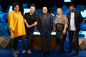 Frankie Boyle's New World Order. Image shows left to right: Desiree Burch, Alex Brooker, Frankie Boyle, Laura Smyth, Nish Kumar