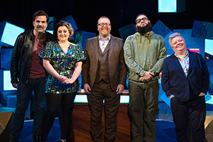 Frankie Boyle's New World Order. Image shows left to right: Rob Delaney, Kiri Pritchard-McLean, Frankie Boyle, Jamali Maddix, Susie McCabe