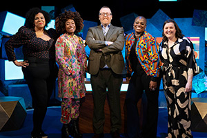 Frankie Boyle's New World Order. Image shows left to right: Desiree Burch, Sophie Duker, Frankie Boyle, Thanyia Moore, Josie Long