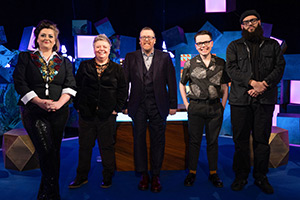 Frankie Boyle's New World Order. Image shows left to right: Kiri Pritchard-McLean, Susie McCabe, Frankie Boyle, Christopher Macarthur-Boyd, Jamali Maddix