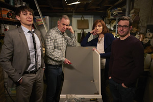 Friday Night Dinner. Image shows from L to R: Jonny (Tom Rosenthal), Martin (Paul Ritter), Jackie (Tamsin Greig), Adam (Simon Bird)