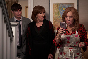 Friday Night Dinner. Image shows from L to R: Jonny (Tom Rosenthal), Jackie (Tamsin Greig), Val (Tracy-Ann Oberman)