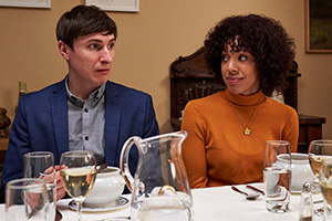 Friday Night Dinner. Image shows from L to R: Jonny (Tom Rosenthal), Lucy One (Pearl Mackie)