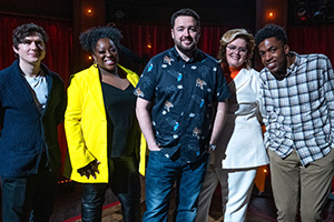 Funny Festival Live. Image shows from L to R: Michael Stranney, Judi Love, Jason Manford, Jayde Adams, Toussaint Douglass. Copyright: Phil McIntyre Entertainment