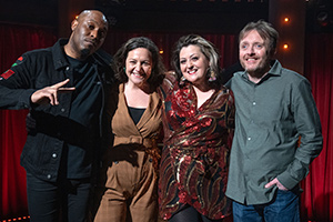 Funny Festival Live. Image shows from L to R: Dane Baptiste, Jessica Fostekew, Kiri Pritchard-McLean, Chris McCausland. Copyright: Phil McIntyre Entertainment