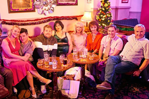 Gavin & Stacey. Image shows from L to R: Stacey (Joanna Page), Gavin (Mathew Horne), Smithy (James Corden), Nessa (Ruth Jones), Pam (Alison Steadman), Gwen (Melanie Walters), Bryn (Rob Brydon), Mick (Larry Lamb). Copyright: Baby Cow Productions