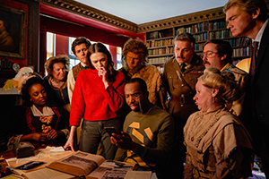 Ghosts. Image shows from L to R: Kitty (Lolly Adefope), Mary (Katy Wix), Thomas (Mathew Baynton), Alison (Charlotte Ritchie), Robin (Laurence Rickard), Mike (Kiell Smith-Bynoe), Captain (Ben Willbond), Lady Button (Martha Howe-Douglas), Pat (Jim Howick), Julian (Simon Farnaby). Copyright: Monumental Pictures