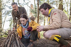 Ghosts. Image shows from L to R: Captain (Ben Willbond), Alison (Charlotte Ritchie), Pat (Jim Howick). Copyright: Monumental Pictures