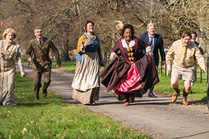 Ghosts. Image shows from L to R: Lady Button (Martha Howe-Douglas), Captain (Ben Willbond), Mary (Katy Wix), Kitty (Lolly Adefope), Julian (Simon Farnaby), Pat (Jim Howick), Thomas (Mathew Baynton). Copyright: Monumental Pictures