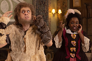 Ghosts. Image shows left to right: Robin (Laurence Rickard), Kitty (Lolly Adefope)
