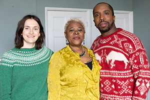 Ghosts. Image shows left to right: Alison (Charlotte Ritchie), Betty (Sutara Gayle), Mike (Kiell Smith-Bynoe)