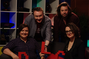 Go 8 Bit DLC. Image shows from L to R: Susan Calman, Steve McNeil, Sam Pamphilon, Ellie Gibson. Copyright: DLT Entertainment Ltd.