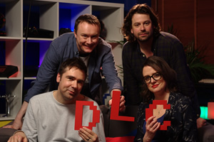 Go 8 Bit DLC. Image shows from L to R: Keith Stuart, Steve McNeil, Sam Pamphilon, Ellie Gibson. Copyright: DLT Entertainment Ltd.