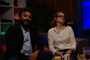 Go 8 Bit DLC. Image shows from L to R: Nish Kumar, Ellie Gibson. Copyright: DLT Entertainment Ltd.