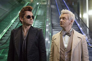 Good Omens. Image shows from L to R: Crowley (David Tennant), Aziraphale (Michael Sheen)