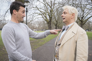 Good Omens. Image shows from L to R: Archangel Gabriel (Jon Hamm), Aziraphale (Michael Sheen)