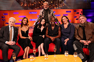 The Graham Norton Show. Image shows left to right: Kevin Kline, Zoe Saldaña, Selena Gomez, Graham Norton, Ncuti Gatwa, Miranda Hart, Rag'n'Bone Man