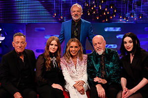 The Graham Norton Show. Image shows left to right: Bruce Springsteen, Amy Adams, Vanessa Williams, Graham Norton, Bill Bailey, St Vincent