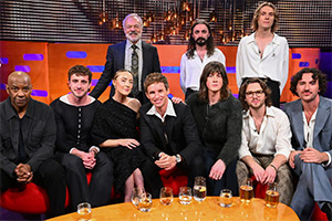 The Graham Norton Show. Image shows left to right: Denzel Washington, Paul Mescal, Saoirse Ronan, Graham Norton, Eddie Redmayne, Blossoms