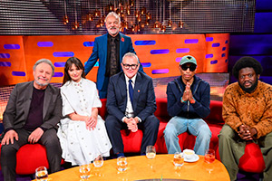 The Graham Norton Show. Image shows left to right: Billy Crystal, Emily Mortimer, Graham Norton, Hugh Bonneville, Pharrell Williams, Michael Kiwanuka