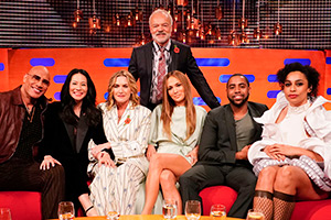 The Graham Norton Show. Image shows left to right: Dwayne Johnson, Lucy Liu, Kate Winslet, Graham Norton, Jennifer Lopez, Jharrel Jerome, Celeste Waite