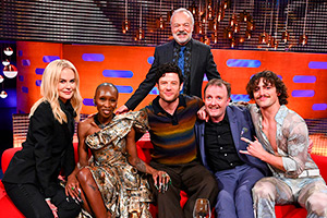 The Graham Norton Show. Image shows left to right: Nicole Kidman, Cynthia Erivo, James Norton, Graham Norton, Chris McCausland, Benson Boone