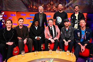 The Graham Norton Show. Image shows left to right: Sigourney Weaver, Nicholas Hoult, Lolly Adefope, Graham Norton, Jamie Oliver, Will Champion, Jon Buckland, Guy Berryman, Chris Martin