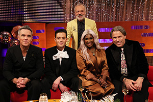 The Graham Norton Show. Image shows left to right: Robbie Williams, Rami Malek, Graham Norton, Motsi Mabuse, John Bishop