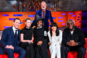 The Graham Norton Show. Image shows left to right: Tom Hiddleston, Brie Larson, Billy Porter, Graham Norton, Claudia Winkleman, Myles Smith