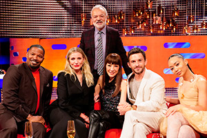 The Graham Norton Show. Image shows left to right: Jamie Foxx, Cameron Diaz, Graham Norton, Michelle Yeoh, Jonathan Bailey, Griff